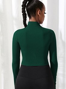 Kadın Yeşil Uzun Kol Fermuarlı Parmak Geçme Detaylı Dik Yaka Crop Top Bluz