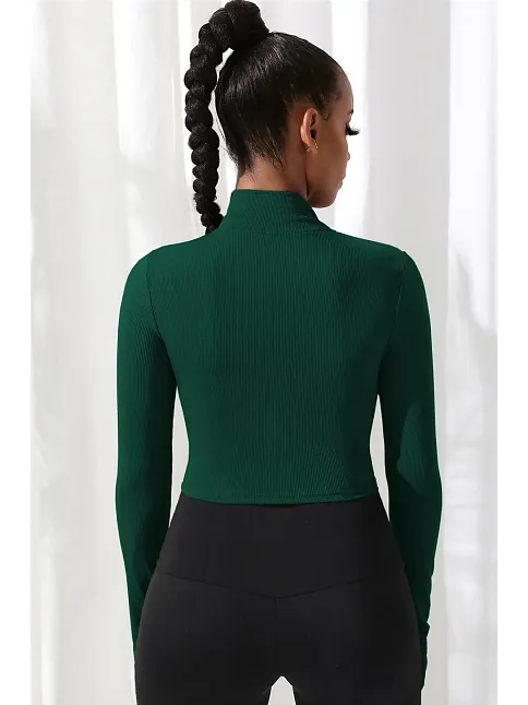 Kadın Yeşil Uzun Kol Fermuarlı Parmak Geçme Detaylı Dik Yaka Crop Top Bluz