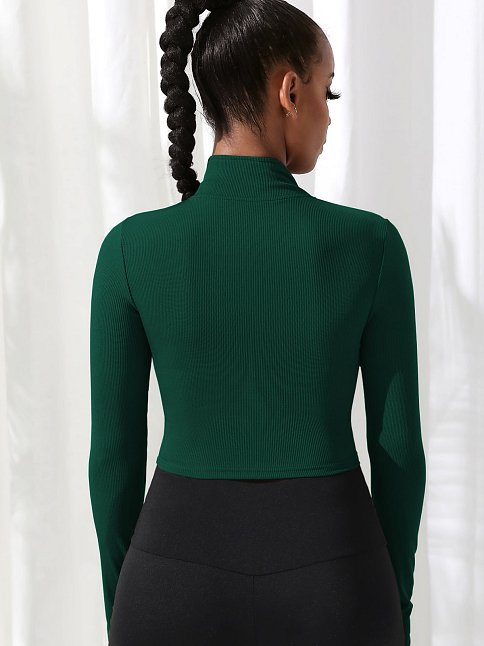Kadın Yeşil Uzun Kol Fermuarlı Parmak Geçme Detaylı Dik Yaka Crop Top Bluz