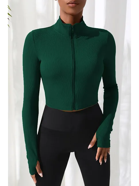 Kadın Yeşil Uzun Kol Fermuarlı Parmak Geçme Detaylı Dik Yaka Crop Top Bluz