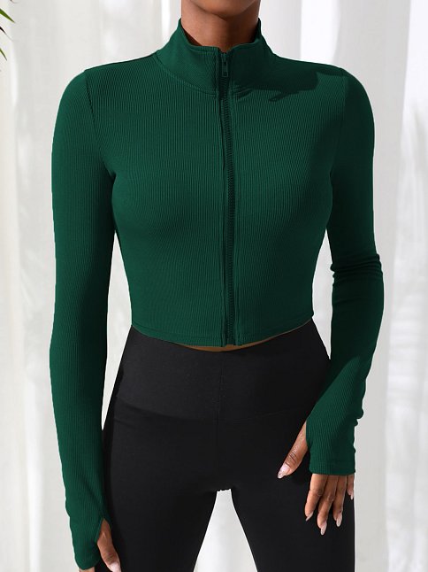 Kadın Yeşil Uzun Kol Fermuarlı Parmak Geçme Detaylı Dik Yaka Crop Top Bluz