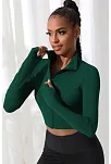 Kadın Yeşil Uzun Kol Fermuarlı Parmak Geçme Detaylı Dik Yaka Crop Top Bluz