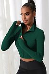 Kadın Yeşil Uzun Kol Fermuarlı Parmak Geçme Detaylı Dik Yaka Crop Top Bluz