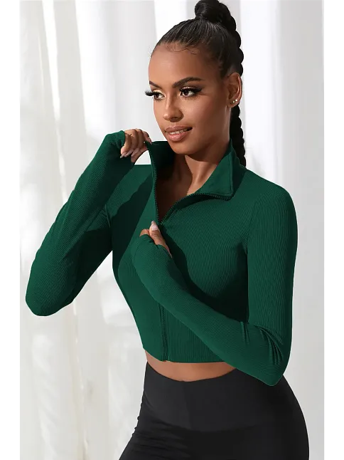 Kadın Yeşil Uzun Kol Fermuarlı Parmak Geçme Detaylı Dik Yaka Crop Top Bluz
