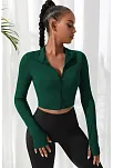 Kadın Yeşil Uzun Kol Fermuarlı Parmak Geçme Detaylı Dik Yaka Crop Top Bluz