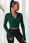 Kadın Yeşil Uzun Kol Fermuarlı Parmak Geçme Detaylı Dik Yaka Crop Top Bluz
