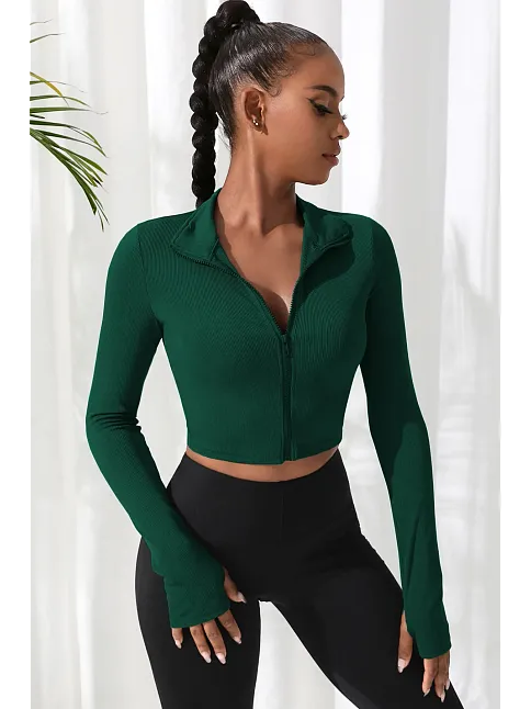Kadın Yeşil Uzun Kol Fermuarlı Parmak Geçme Detaylı Dik Yaka Crop Top Bluz