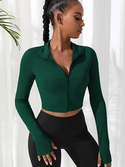 Kadın Yeşil Uzun Kol Fermuarlı Parmak Geçme Detaylı Dik Yaka Crop Top Bluz
