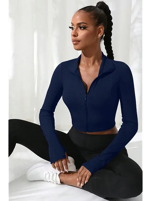 Kadın Lacivert Uzun Kol Fermuarlı Parmak Geçme Detaylı Dik Yaka Crop Top Bluz – Şık, Rahat Ve Kolay Kombinlenebilir