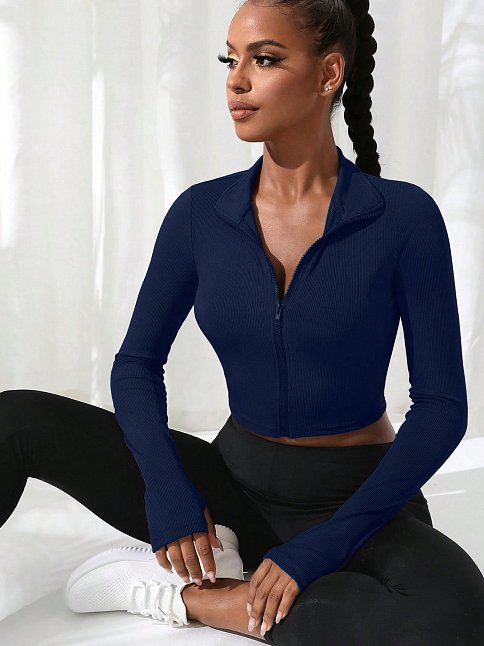 Kadın Lacivert Uzun Kol Fermuarlı Parmak Geçme Detaylı Dik Yaka Crop Top Bluz – Şık, Rahat Ve Kolay Kombinlenebilir