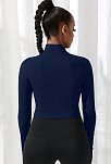 Kadın Lacivert Uzun Kol Fermuarlı Parmak Geçme Detaylı Dik Yaka Crop Top Bluz – Şık, Rahat Ve Kolay Kombinlenebilir
