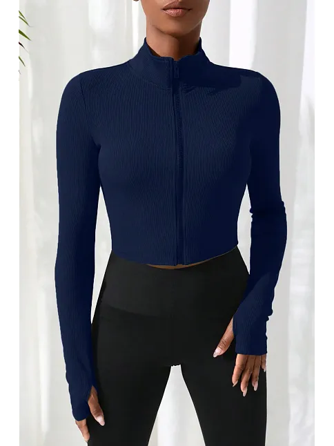 Kadın Lacivert Uzun Kol Fermuarlı Parmak Geçme Detaylı Dik Yaka Crop Top Bluz – Şık, Rahat Ve Kolay Kombinlenebilir