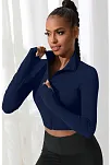 Kadın Lacivert Uzun Kol Fermuarlı Parmak Geçme Detaylı Dik Yaka Crop Top Bluz – Şık, Rahat Ve Kolay Kombinlenebilir