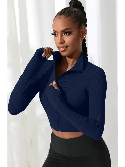 Kadın Lacivert Uzun Kol Fermuarlı Parmak Geçme Detaylı Dik Yaka Crop Top Bluz – Şık, Rahat Ve Kolay Kombinlenebilir