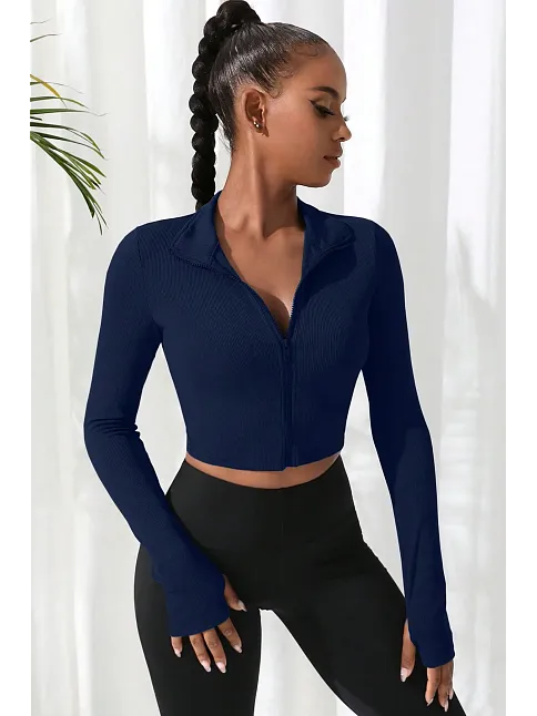 Kadın Lacivert Uzun Kol Fermuarlı Parmak Geçme Detaylı Dik Yaka Crop Top Bluz – Şık, Rahat Ve Kolay Kombinlenebilir