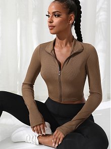 Kadın Kahverengi Uzun Kol Fermuarlı Parmak Geçme Detaylı Dik Yaka Crop Top Bluz – Şık, Rahat Ve Kolay Kombinlenebilir