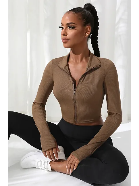 Kadın Kahverengi Uzun Kol Fermuarlı Parmak Geçme Detaylı Dik Yaka Crop Top Bluz – Şık, Rahat Ve Kolay Kombinlenebilir