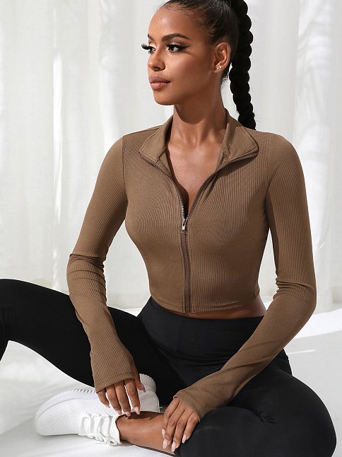 Kadın Kahverengi Uzun Kol Fermuarlı Parmak Geçme Detaylı Dik Yaka Crop Top Bluz – Şık, Rahat Ve Kolay Kombinlenebilir