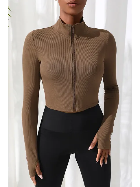 Kadın Kahverengi Uzun Kol Fermuarlı Parmak Geçme Detaylı Dik Yaka Crop Top Bluz – Şık, Rahat Ve Kolay Kombinlenebilir
