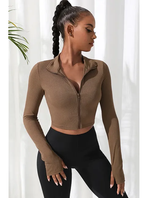 Kadın Kahverengi Uzun Kol Fermuarlı Parmak Geçme Detaylı Dik Yaka Crop Top Bluz – Şık, Rahat Ve Kolay Kombinlenebilir