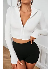 Kadın Beyaz Uzun Kol Fermuarlı Parmak Geçme Detaylı Dik Yaka Crop Top Bluz