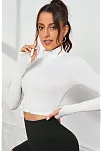 Kadın Beyaz Uzun Kol Fermuarlı Parmak Geçme Detaylı Dik Yaka Crop Top Bluz