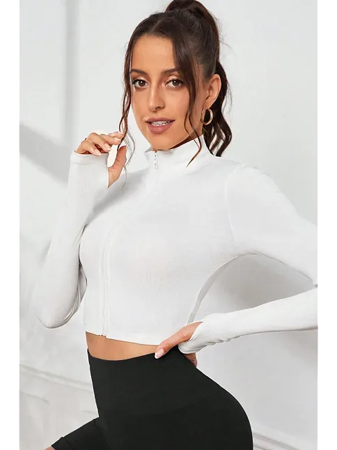 Kadın Beyaz Uzun Kol Fermuarlı Parmak Geçme Detaylı Dik Yaka Crop Top Bluz