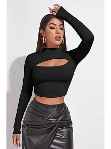Kadın Siyah Göğüs Dekolteli Uzun Kollu Cut Out Crop Top Bluz – Şık, Rahat Ve Kolay Kombinlenebilir