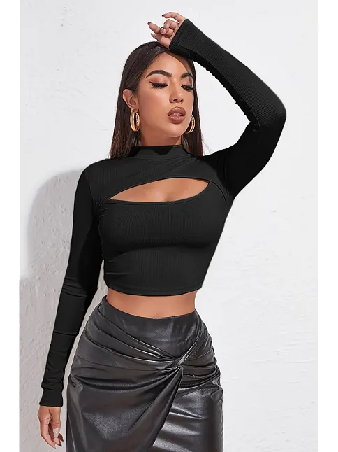 Kadın Siyah Göğüs Dekolteli Uzun Kollu Cut Out Crop Top Bluz – Şık, Rahat Ve Kolay Kombinlenebilir