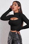 Kadın Siyah Göğüs Dekolteli Uzun Kollu Cut Out Crop Top Bluz – Şık, Rahat Ve Kolay Kombinlenebilir