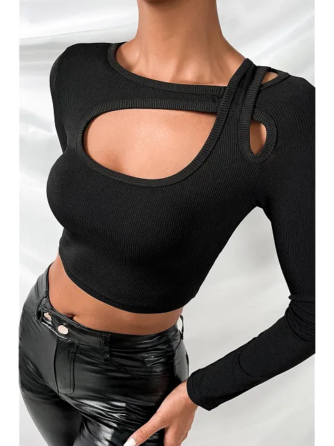 Kadın Siyah Göğüs Dekolteli Çapraz Askılı Uzun Kollu Crop Top Bluz – Şık, Rahat Ve Kolay Kombinlenebilir