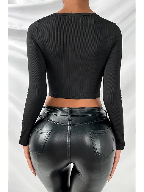 Kadın Siyah Göğüs Dekolteli Çapraz Askılı Uzun Kollu Crop Top Bluz – Şık, Rahat Ve Kolay Kombinlenebilir
