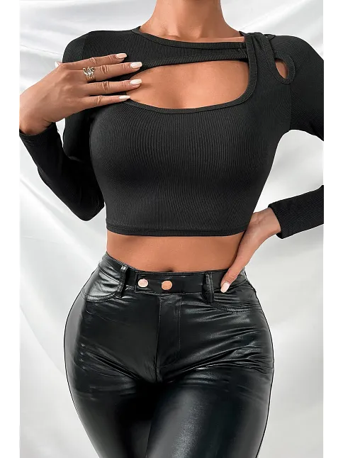 Kadın Siyah Göğüs Dekolteli Çapraz Askılı Uzun Kollu Crop Top Bluz – Şık, Rahat Ve Kolay Kombinlenebilir