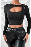 Kadın Siyah Göğüs Dekolteli Çapraz Askılı Uzun Kollu Crop Top Bluz – Şık, Rahat Ve Kolay Kombinlenebilir