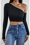 Kadın Siyah Tek Omuz Detaylı Uzun Kol Crop Top Bluz – Şık, Rahat Ve Kolay Kombinlenebilir
