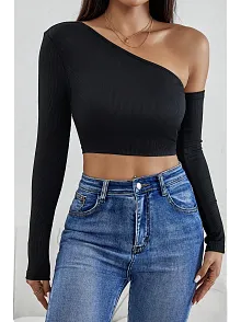 Kadın Siyah Tek Omuz Detaylı Uzun Kol Crop Top Bluz – Şık, Rahat Ve Kolay Kombinlenebilir