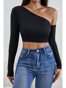 Kadın Siyah Tek Omuz Detaylı Uzun Kol Crop Top Bluz – Şık, Rahat Ve Kolay Kombinlenebilir