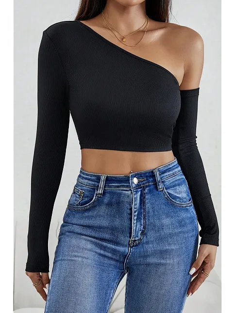 Kadın Siyah Tek Omuz Detaylı Uzun Kol Crop Top Bluz – Şık, Rahat Ve Kolay Kombinlenebilir
