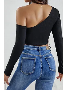 Kadın Siyah Tek Omuz Detaylı Uzun Kol Crop Top Bluz – Şık, Rahat Ve Kolay Kombinlenebilir