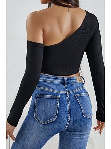 Kadın Siyah Tek Omuz Detaylı Uzun Kol Crop Top Bluz – Şık, Rahat Ve Kolay Kombinlenebilir