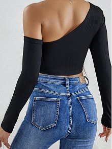 Kadın Siyah Tek Omuz Detaylı Uzun Kol Crop Top Bluz – Şık, Rahat Ve Kolay Kombinlenebilir