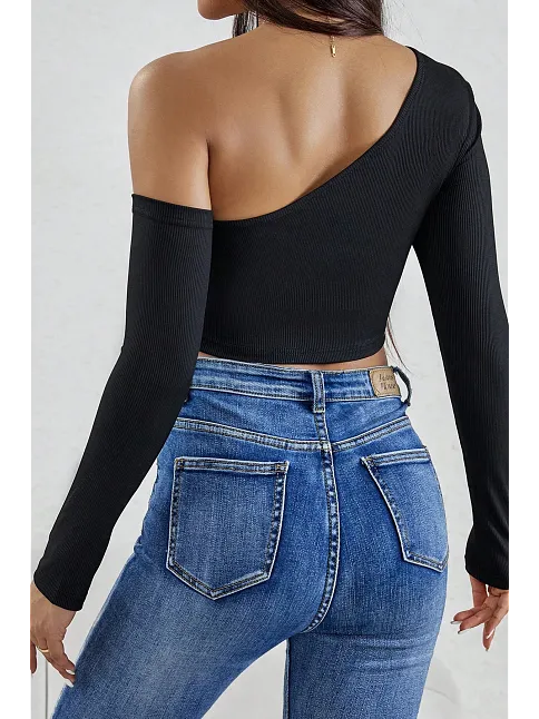 Kadın Siyah Tek Omuz Detaylı Uzun Kol Crop Top Bluz – Şık, Rahat Ve Kolay Kombinlenebilir