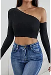 Kadın Siyah Tek Omuz Detaylı Uzun Kol Crop Top Bluz – Şık, Rahat Ve Kolay Kombinlenebilir