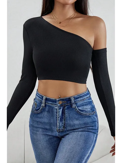 Kadın Siyah Tek Omuz Detaylı Uzun Kol Crop Top Bluz – Şık, Rahat Ve Kolay Kombinlenebilir