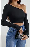 Kadın Siyah Tek Omuz Detaylı Uzun Kol Crop Top Bluz – Şık, Rahat Ve Kolay Kombinlenebilir