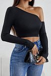 Kadın Siyah Tek Omuz Detaylı Uzun Kol Crop Top Bluz – Şık, Rahat Ve Kolay Kombinlenebilir