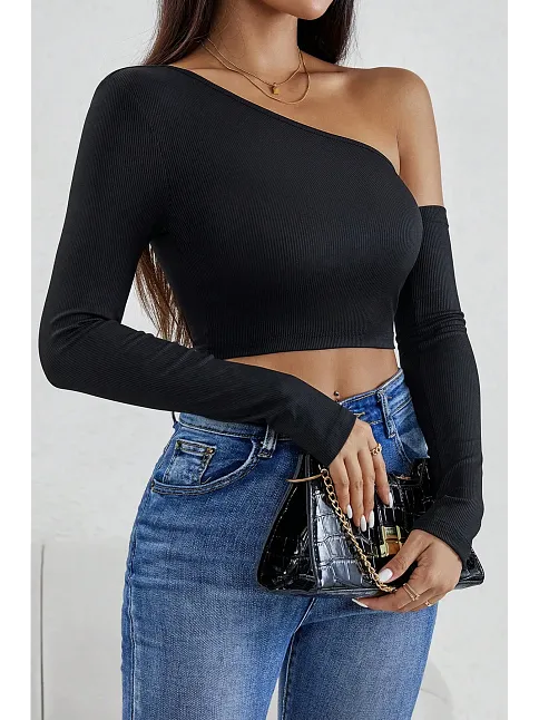 Kadın Siyah Tek Omuz Detaylı Uzun Kol Crop Top Bluz – Şık, Rahat Ve Kolay Kombinlenebilir