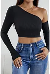 Kadın Siyah Tek Omuz Detaylı Uzun Kol Crop Top Bluz – Şık, Rahat Ve Kolay Kombinlenebilir
