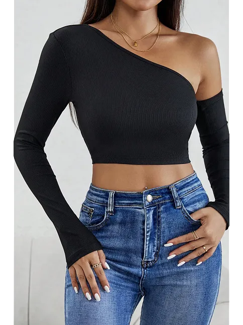 Kadın Siyah Tek Omuz Detaylı Uzun Kol Crop Top Bluz – Şık, Rahat Ve Kolay Kombinlenebilir