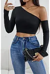 Kadın Siyah Tek Omuz Detaylı Uzun Kol Crop Top Bluz – Şık, Rahat Ve Kolay Kombinlenebilir